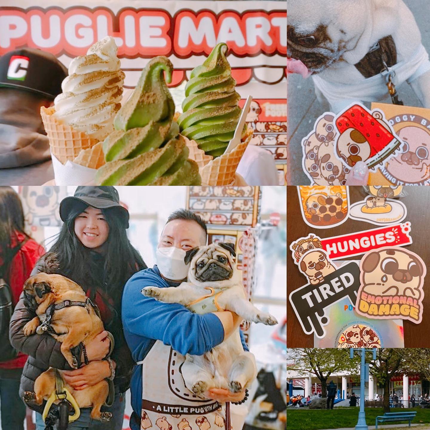 Collage of photos from Matcha Cafe Maiko customers, such as 3 soft serve cones in front of the Puglie Mart sign, Miss Olive the pug being held by her owner beside Euge who is holding Tuck Tuck Pug, and some Puglie stickers purchased by other customers.
