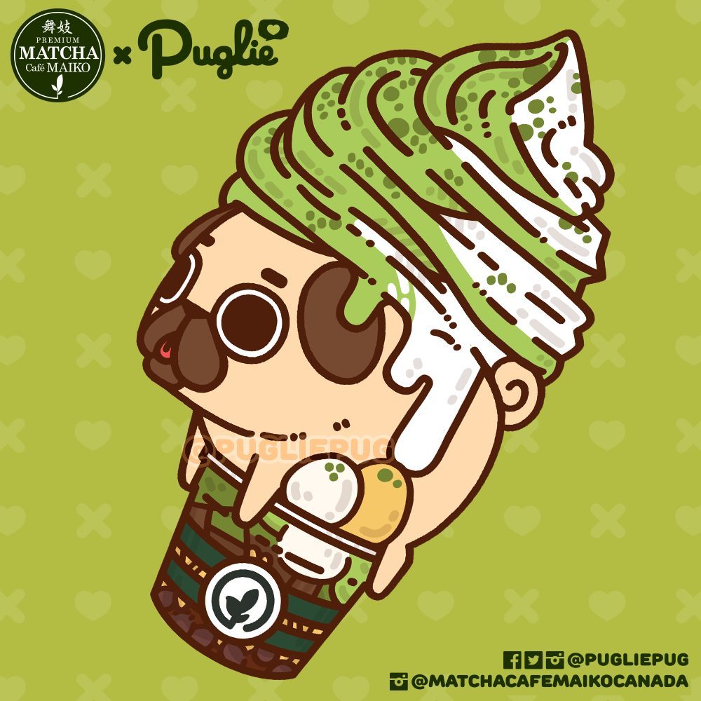 Illustration of Puglie dressed up in Matcha Cafe Maiko’s matcha and vanilla soft serve swirl parfait. The soft serve is on top of Puglie, and the parfait cup is underneath Puglie.