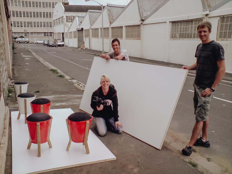 Luke Pedersen + James Lennard on a photoshoot for the bucket stool