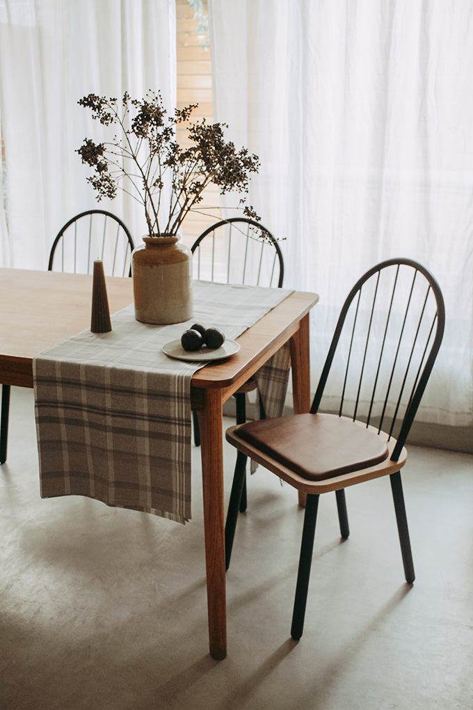 Pedersen + Lennard Fluted Chair, Escarpment Table and Mungo Crags Check Table Cloth