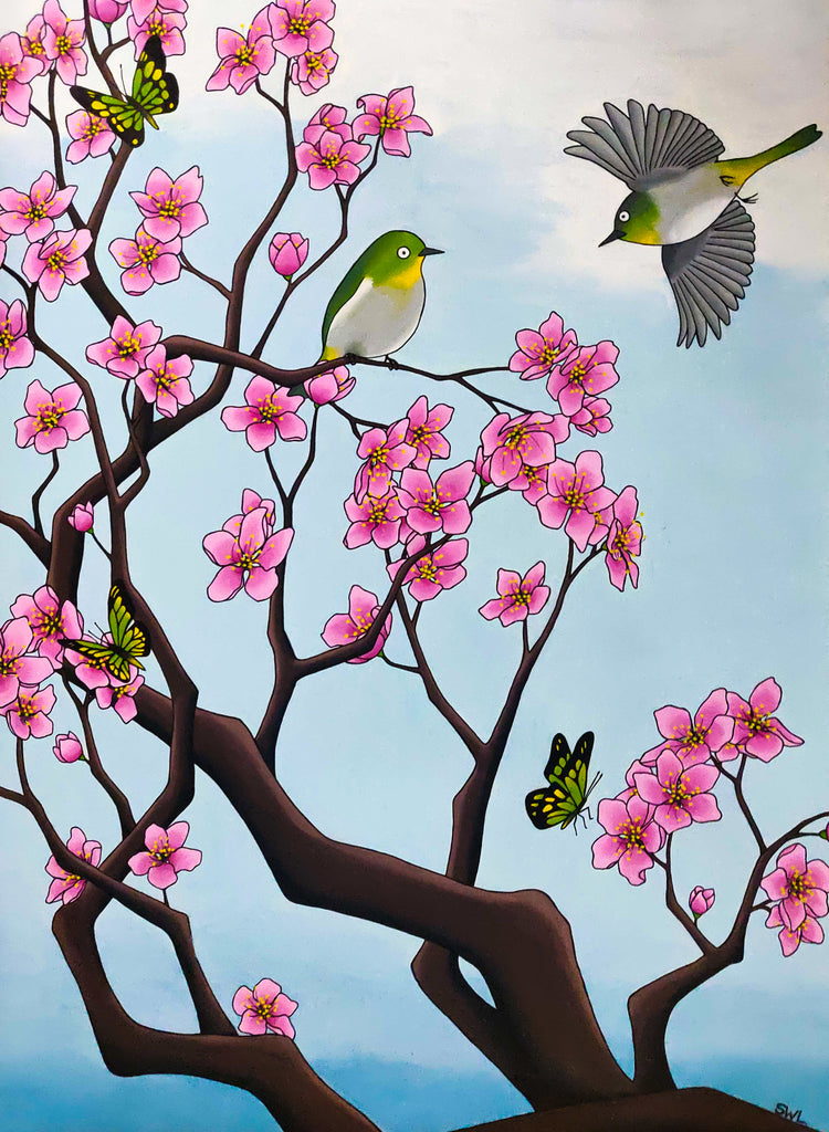 Cherry Blossom Tree with Japanese White Eye Birds