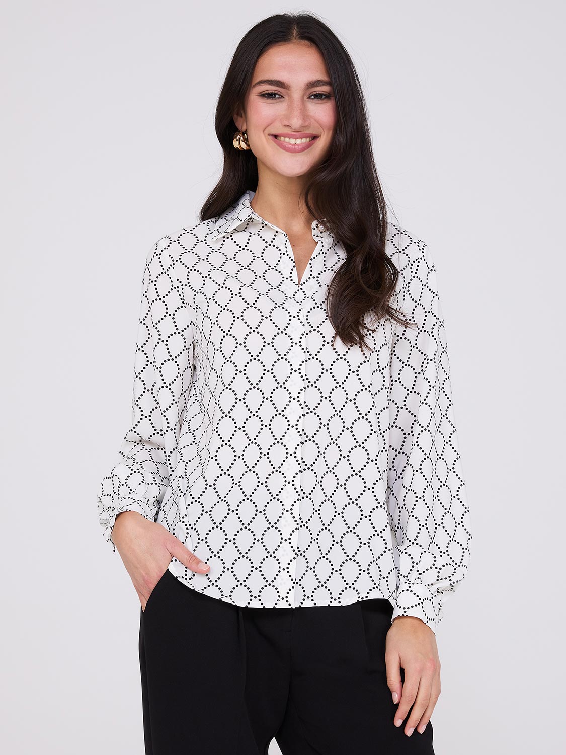 Silky Geo Print Button-Front Blouse