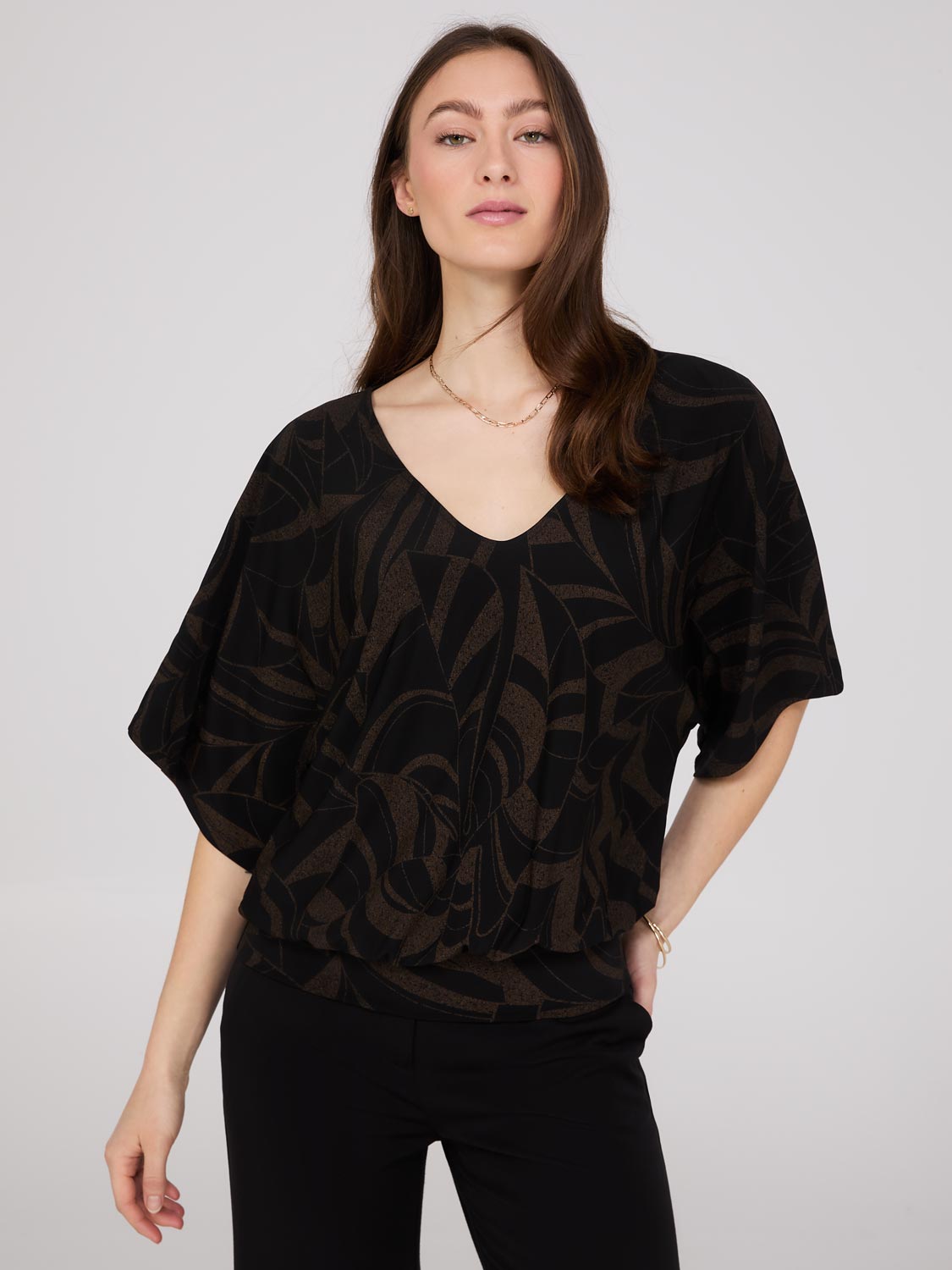 Foliage Print V-Neck Kimono Sleeve Top