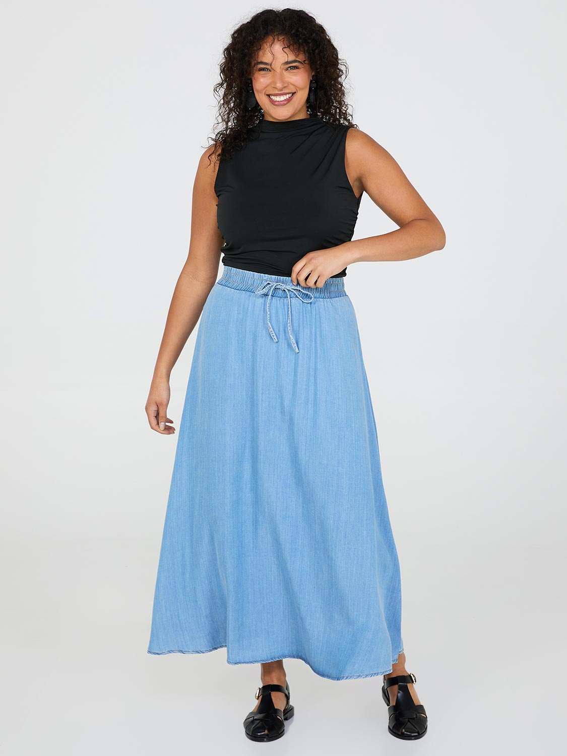 Denim Drawstring A-Line Midi Skirt