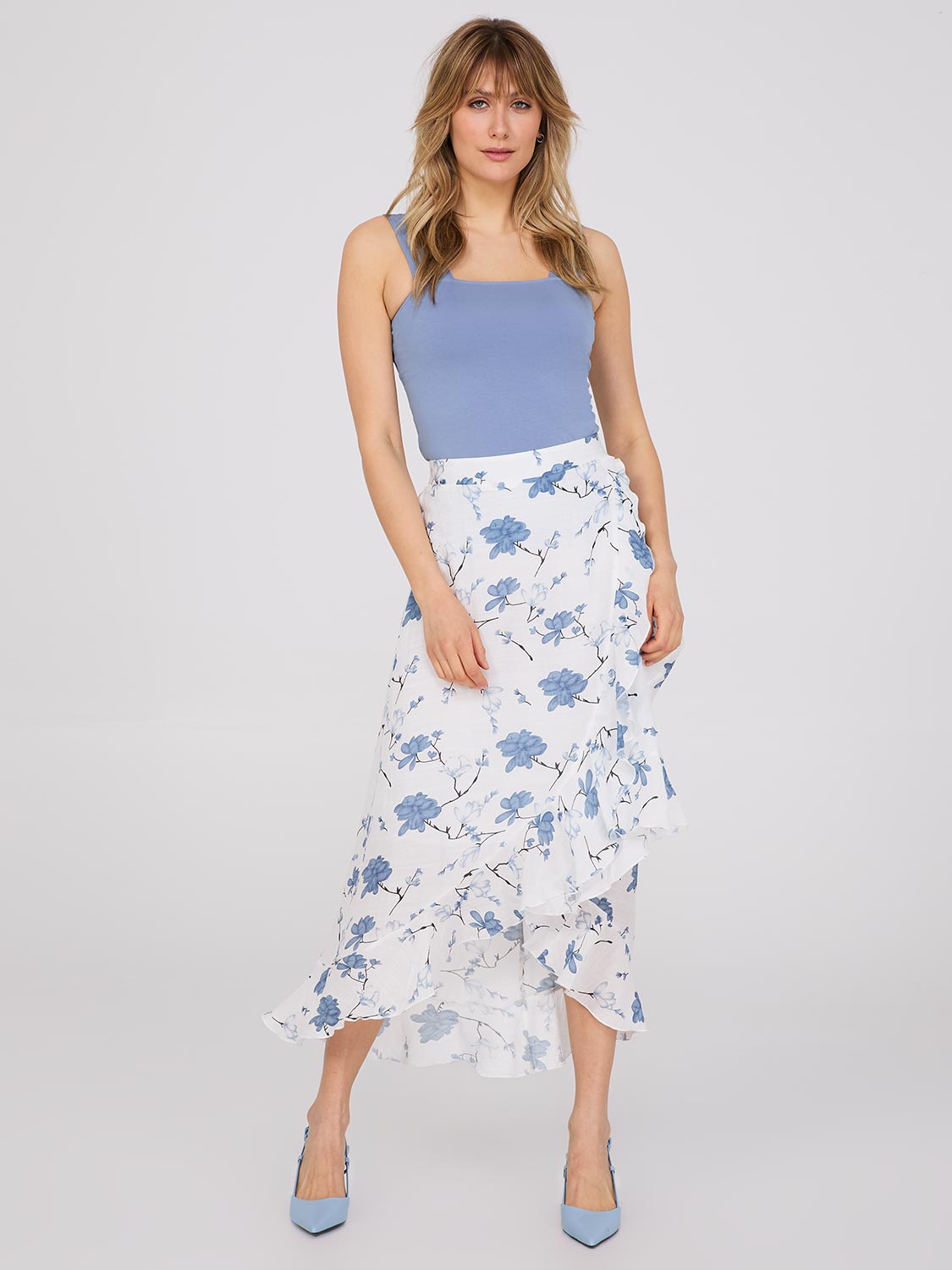 Floral Print High-Low Ruffle Midi Skirt