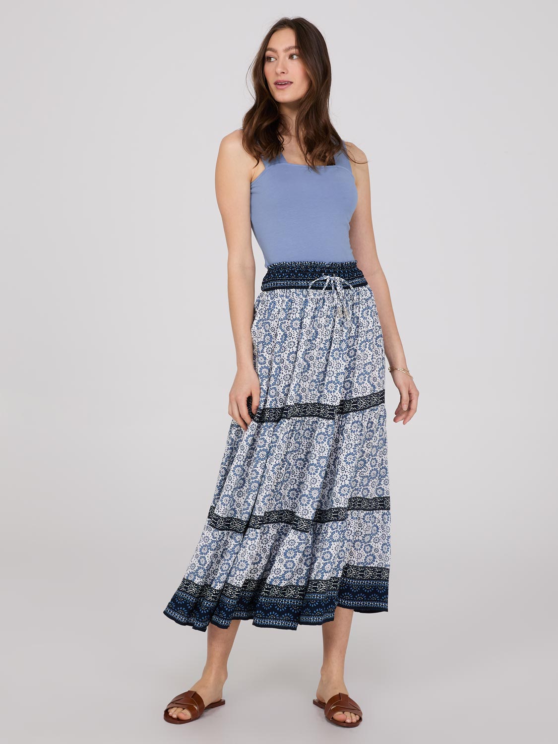 Border Print 3-Tier Maxi Skirt