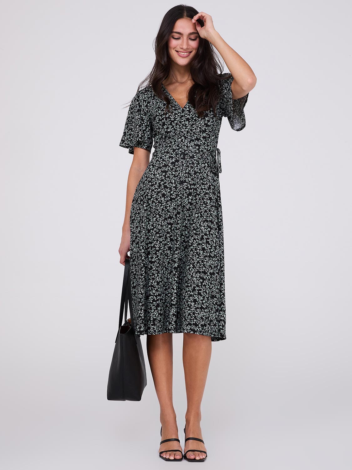 Ditsy Floral Print Midi Wrap Dress