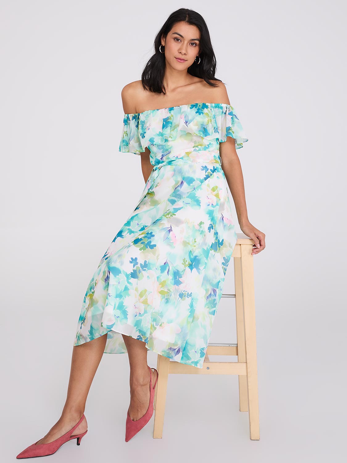 Printed Off-The-Shoulder Chiffon Midi Dress