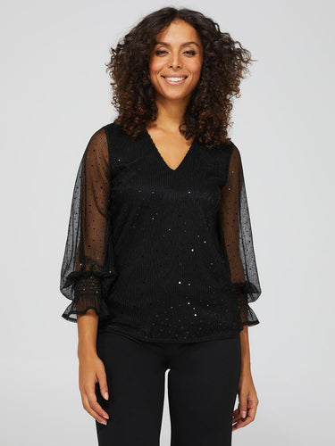 Pomodoro V Neck Sequin Top With Balloon Sleeve Champagne