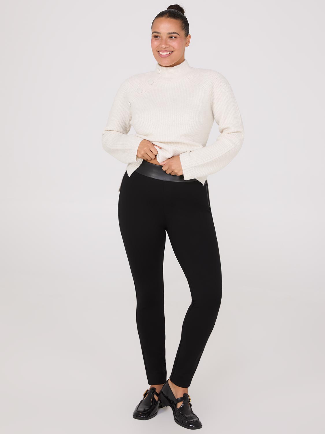 High-Rise Ankle Length Pants With Faux Leather Waistband