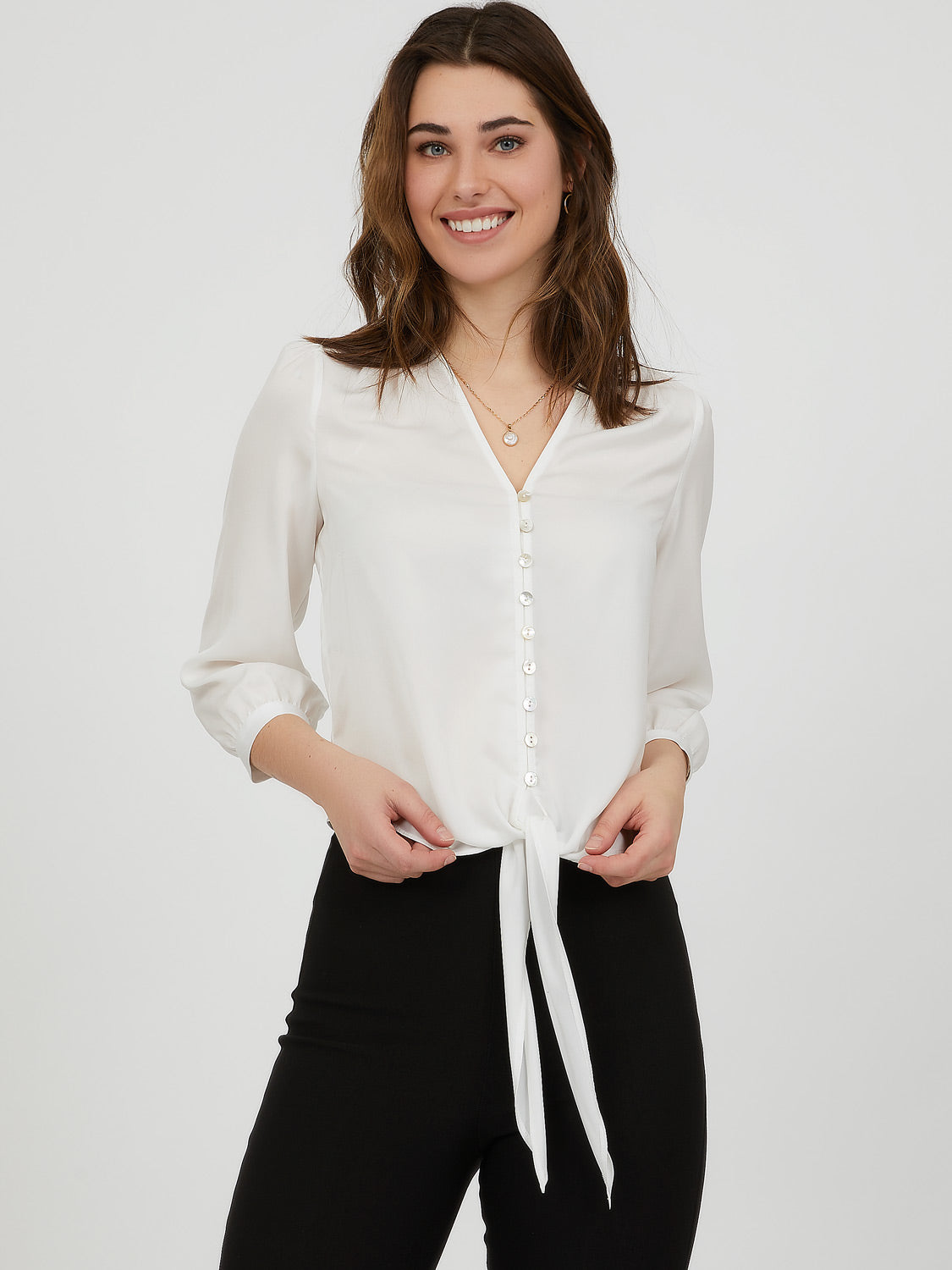 ¾ Sleeve Tie Hem Button-Down Satin Blouse