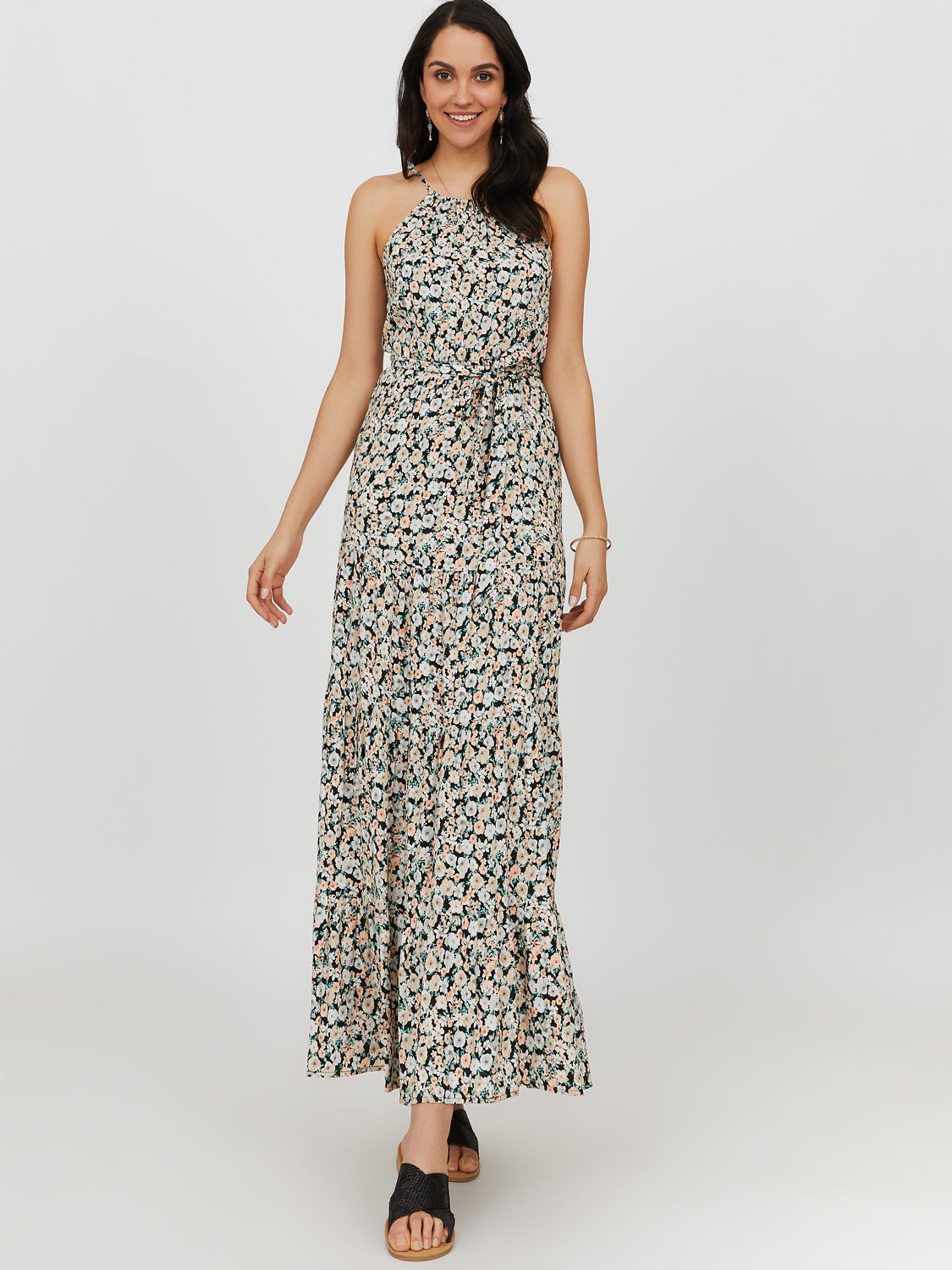 Halter Neck Tiered Ditsy Floral Maxi Dress
