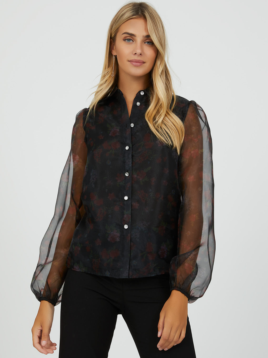 Organza Puff Sleeve Button Down Blouse