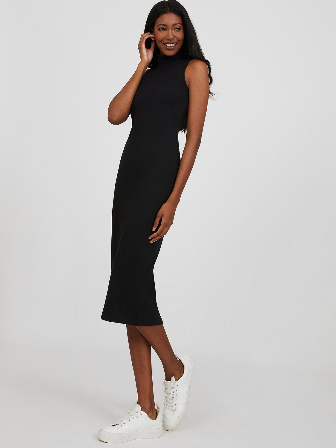 Sleeveless Mock Neck Rib Knit Midi Dress