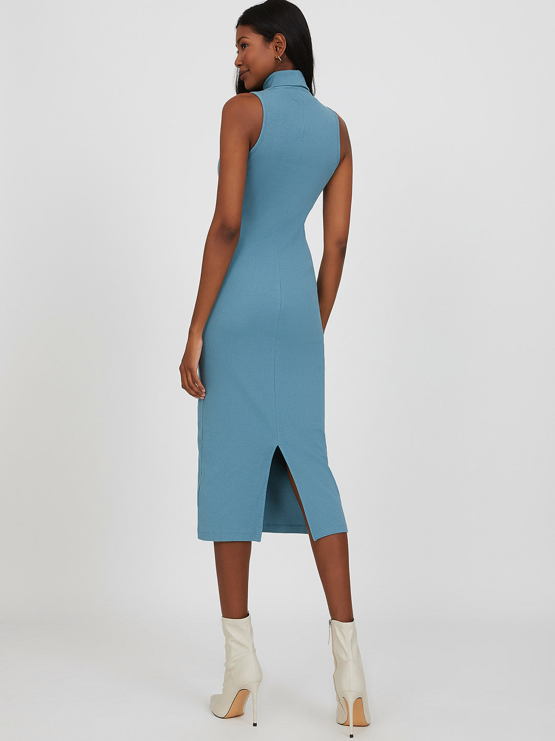 Sleeveless Mock Neck Rib Knit Midi Dress