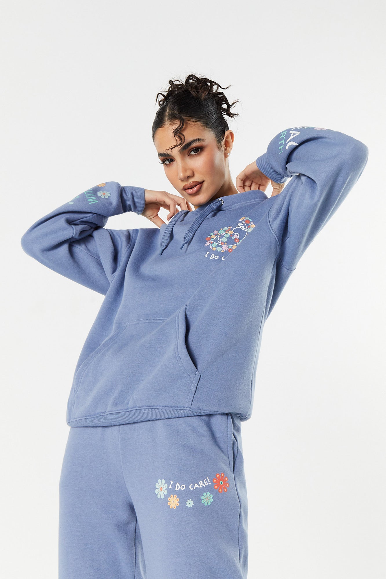 urban planet i do care graphic fleece oversized hoodie | denim blue | xs | women's