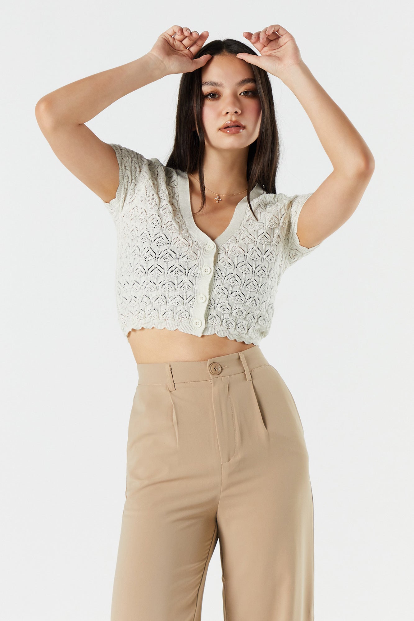 urban planet pointelle knit button-up top | cream | xs | women's