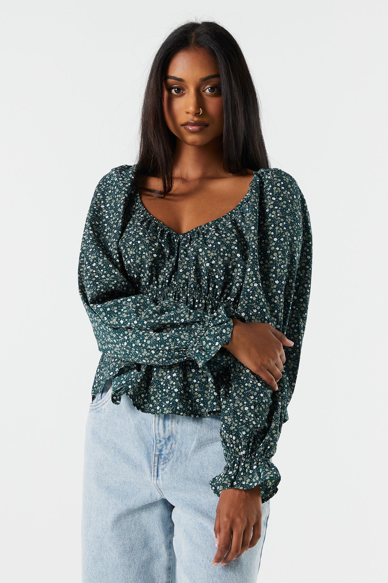 urban planet green floral elastic waist long sleeve top | sage | small | women's