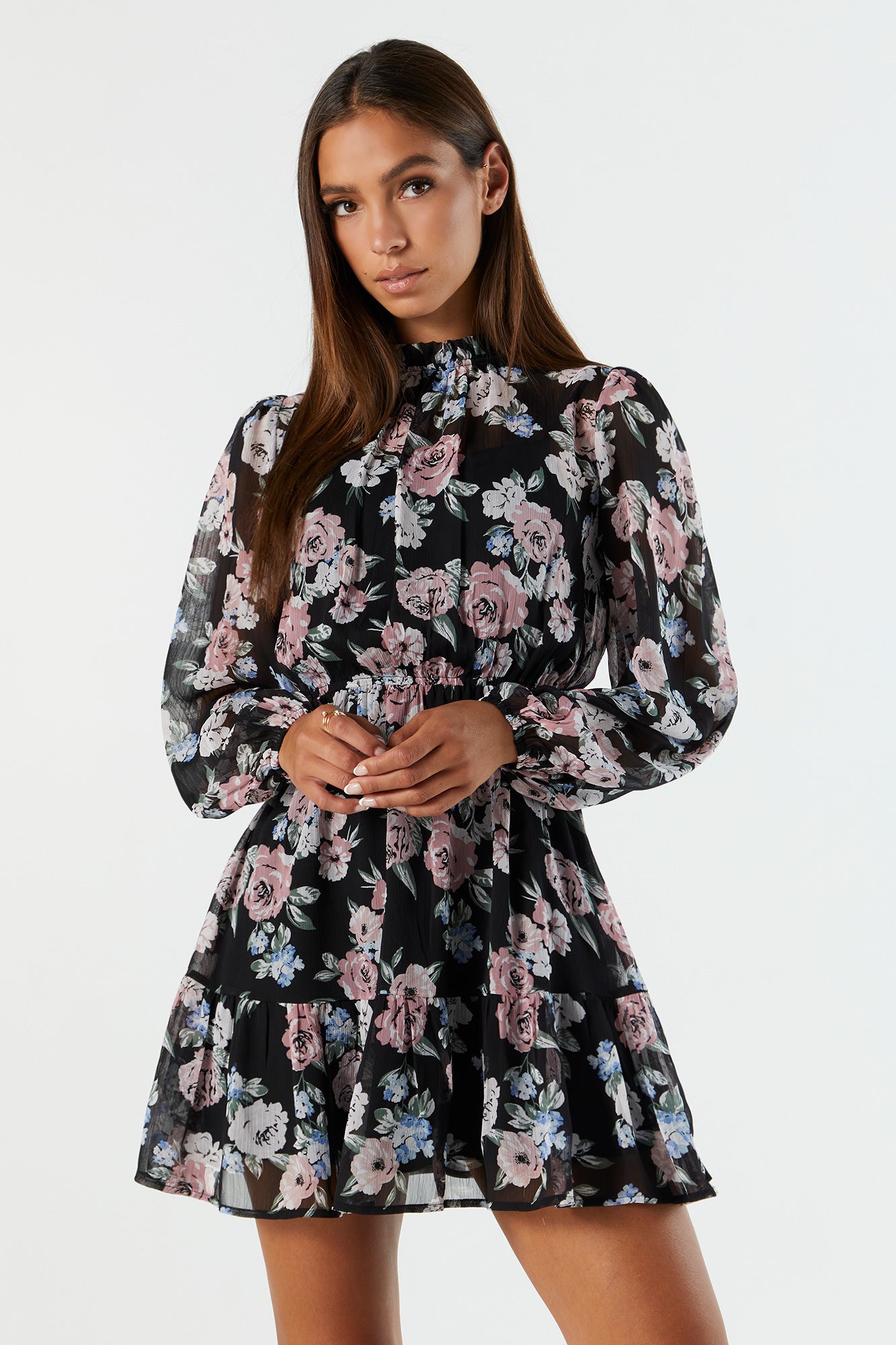 Urban Planet Floral Chiffon Mock Neck Tiered Mini Dress | Black | Small | Women's