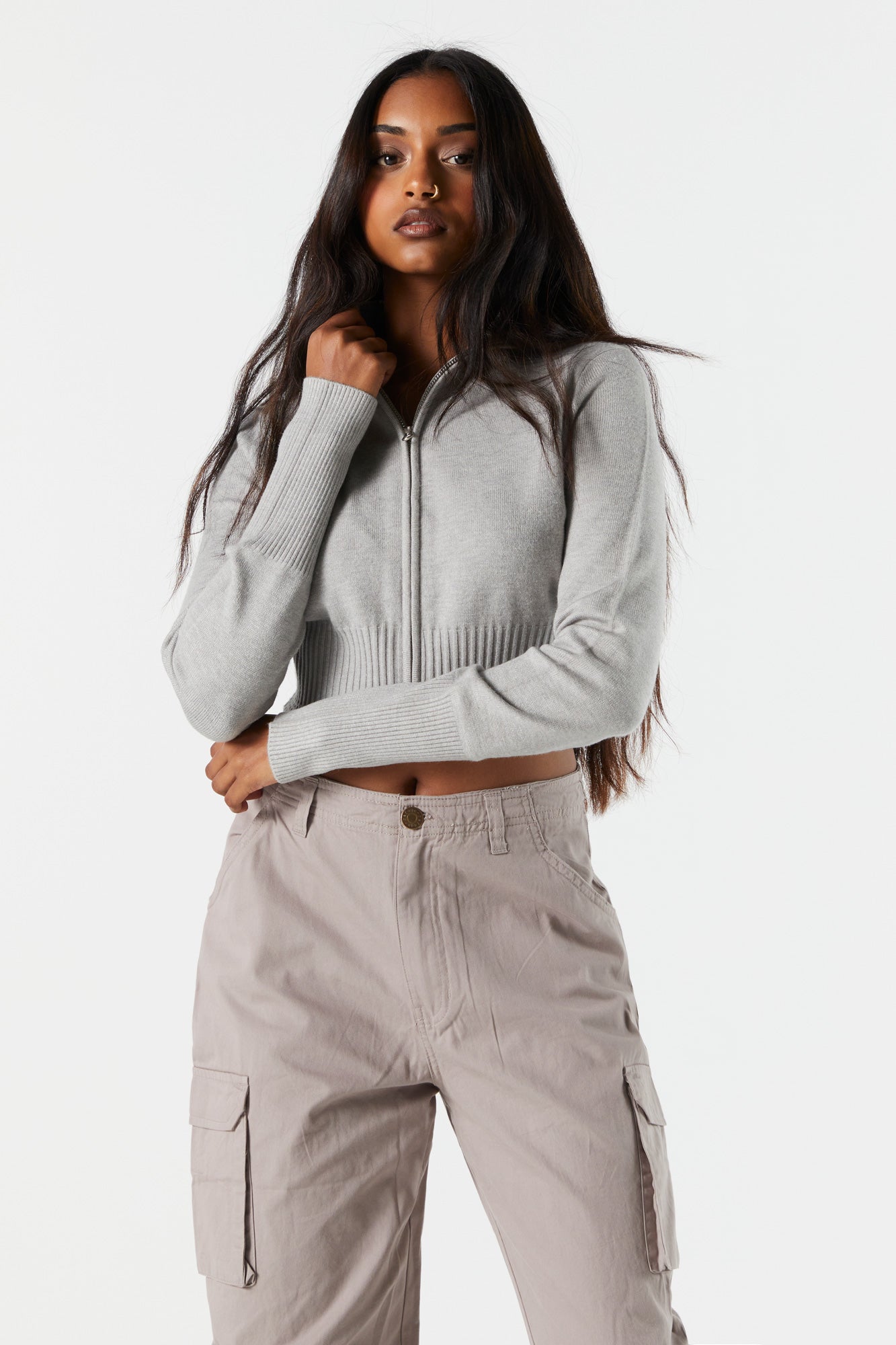 urban planet ribbed knit mock neck zip-up sweater | heather grey | xs | women's