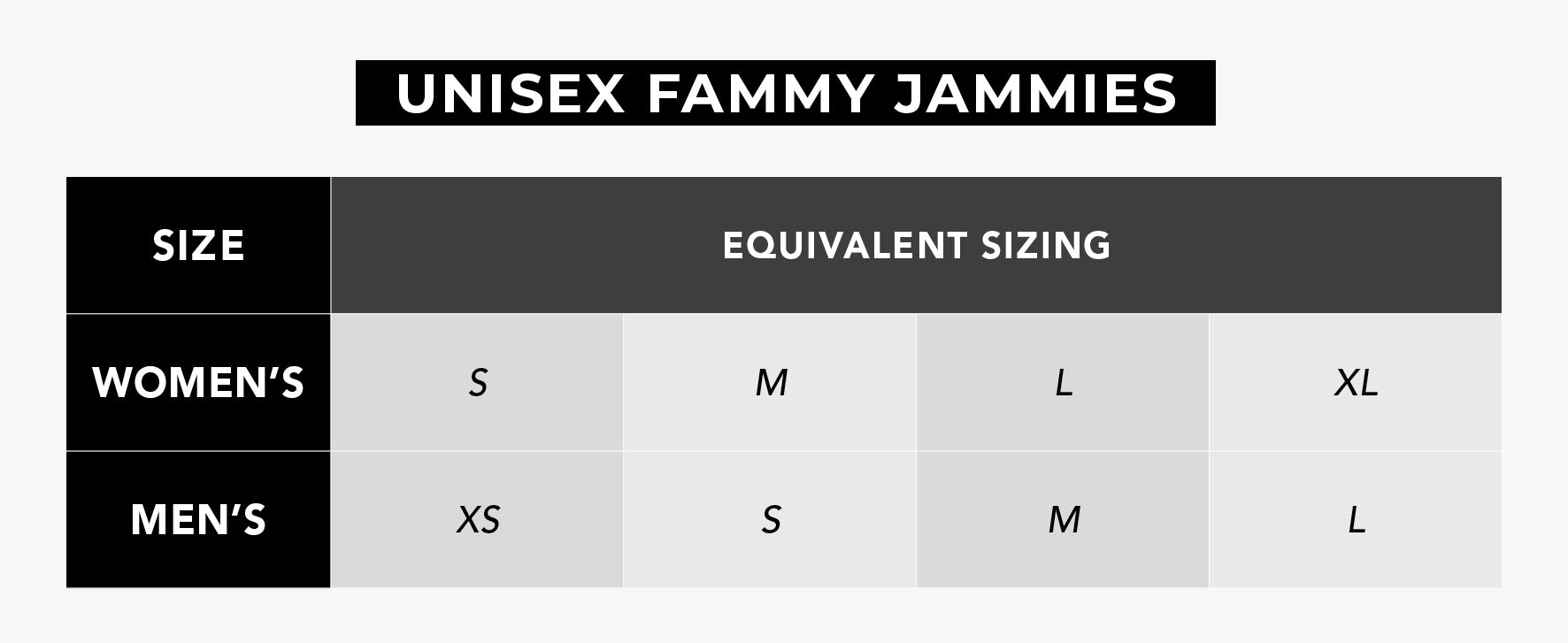 Urban Planet - Unisex Fammy Jammies Size Guide