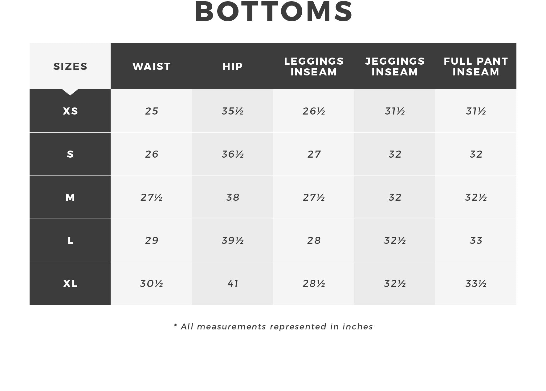 Women's Bottoms Size Chart