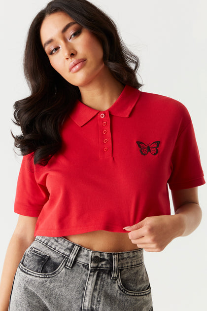 red cropped polo shirt