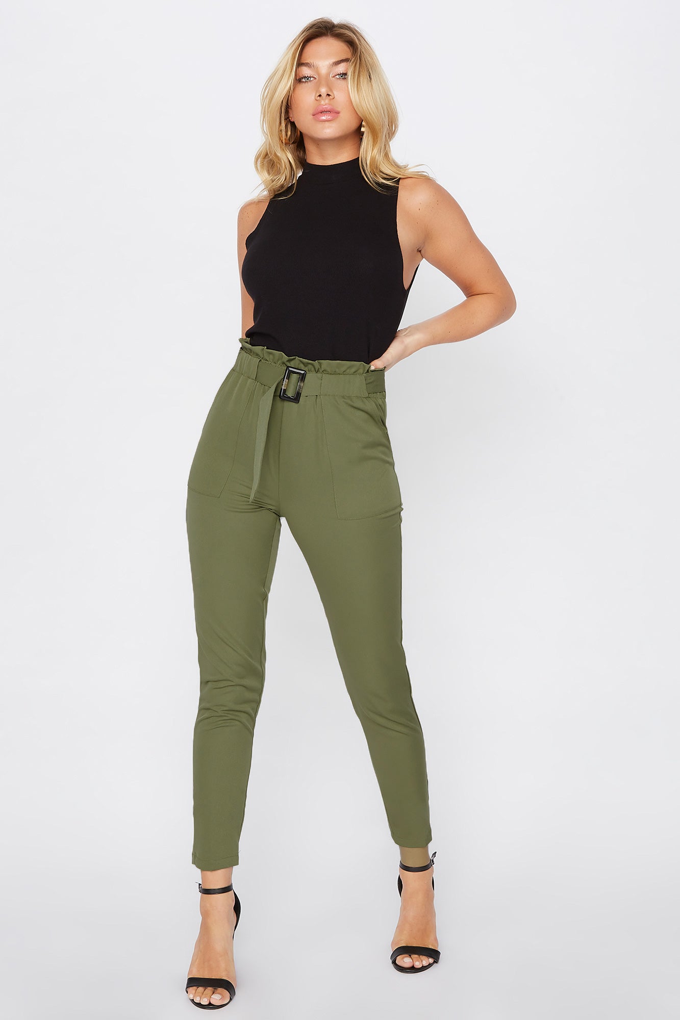 Image of Buckle Belted Paperbag Pant