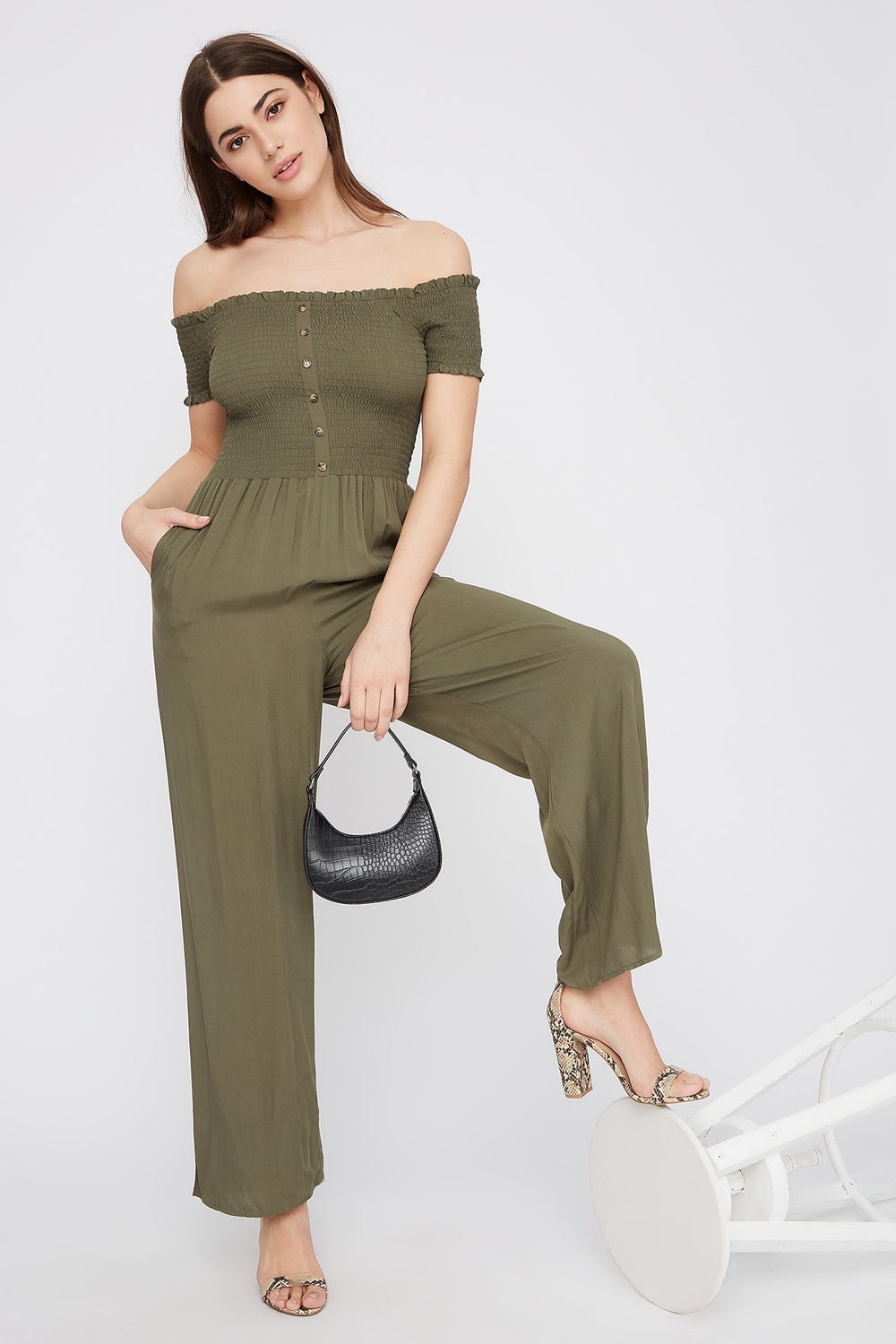 off the shoulder smocked jumpsuit