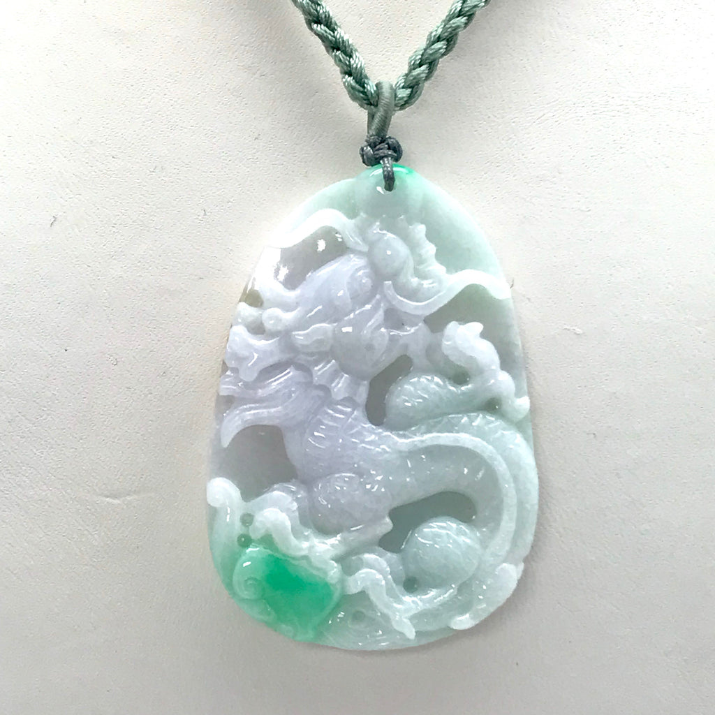 UL033018-17 Natural Moss In Snow Jadeite Jade Carved With Dragon Neckl ...