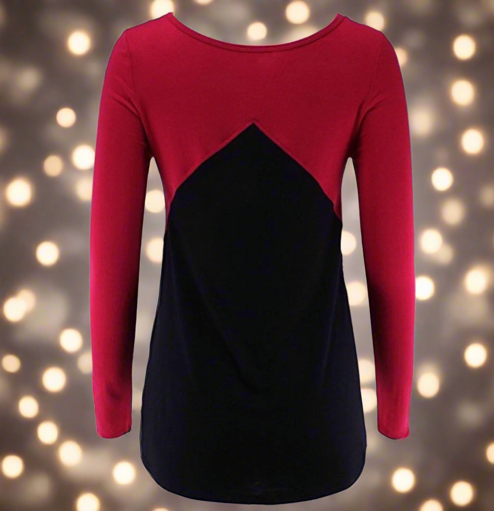 Womens Best Color Block Shirt, Red Black Colorblock Lace Trim Top#N ...