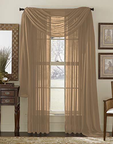 Interior Trends 3 Piece Fully Stitched Sheer Curtain Panel Window Drapes and Scarf Set of 2 Panels and 1 Matching Scarf (108" Long, Taupe) - MASS Wholesalers