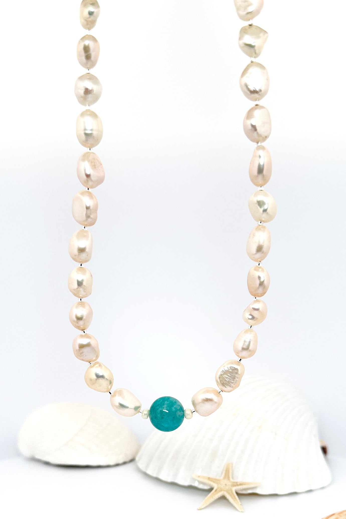 Necklace Amazonite on Pearl Necklace