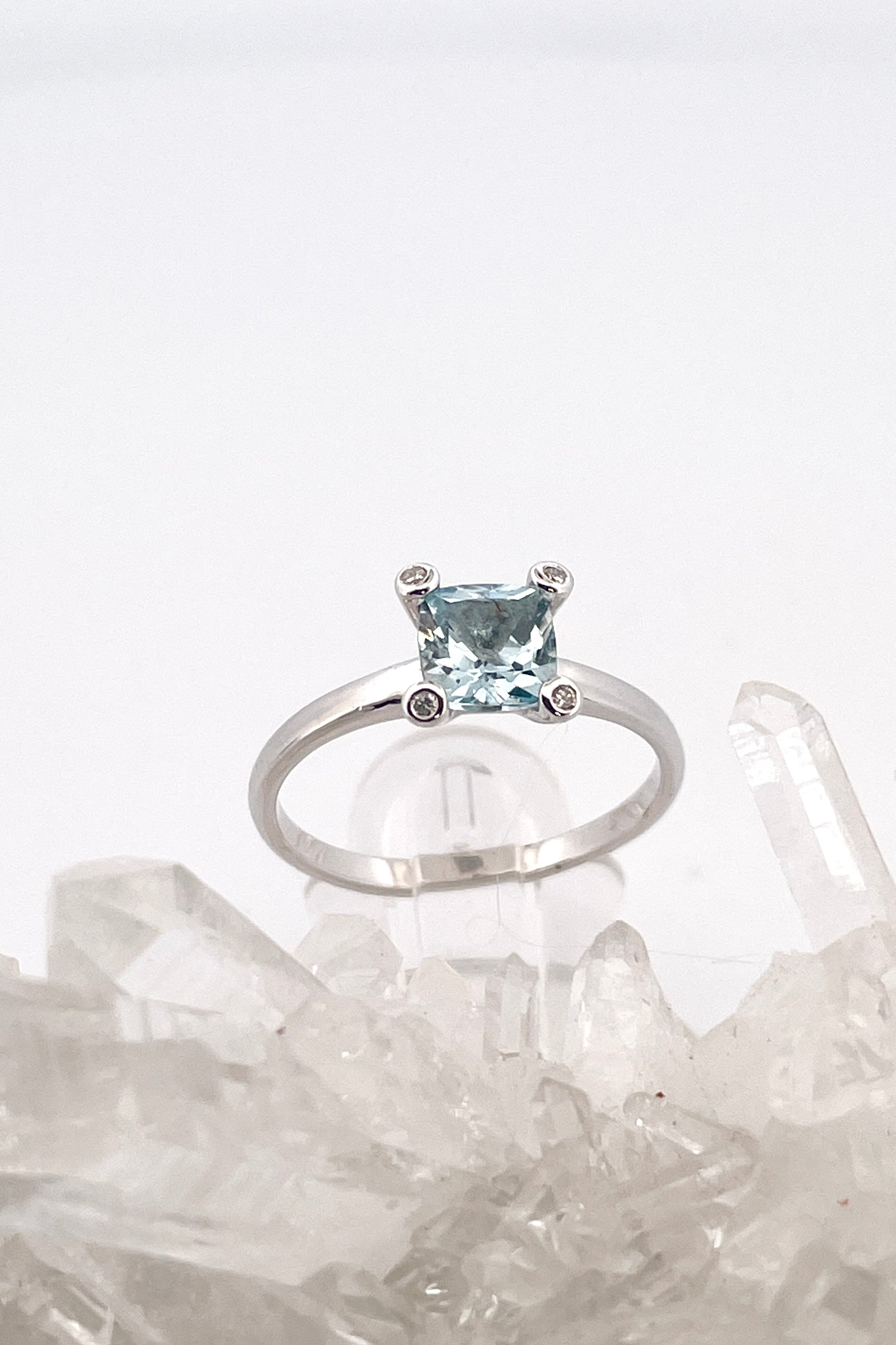 Square Cushion Cut Aquamarine and Diamond Silver Ring