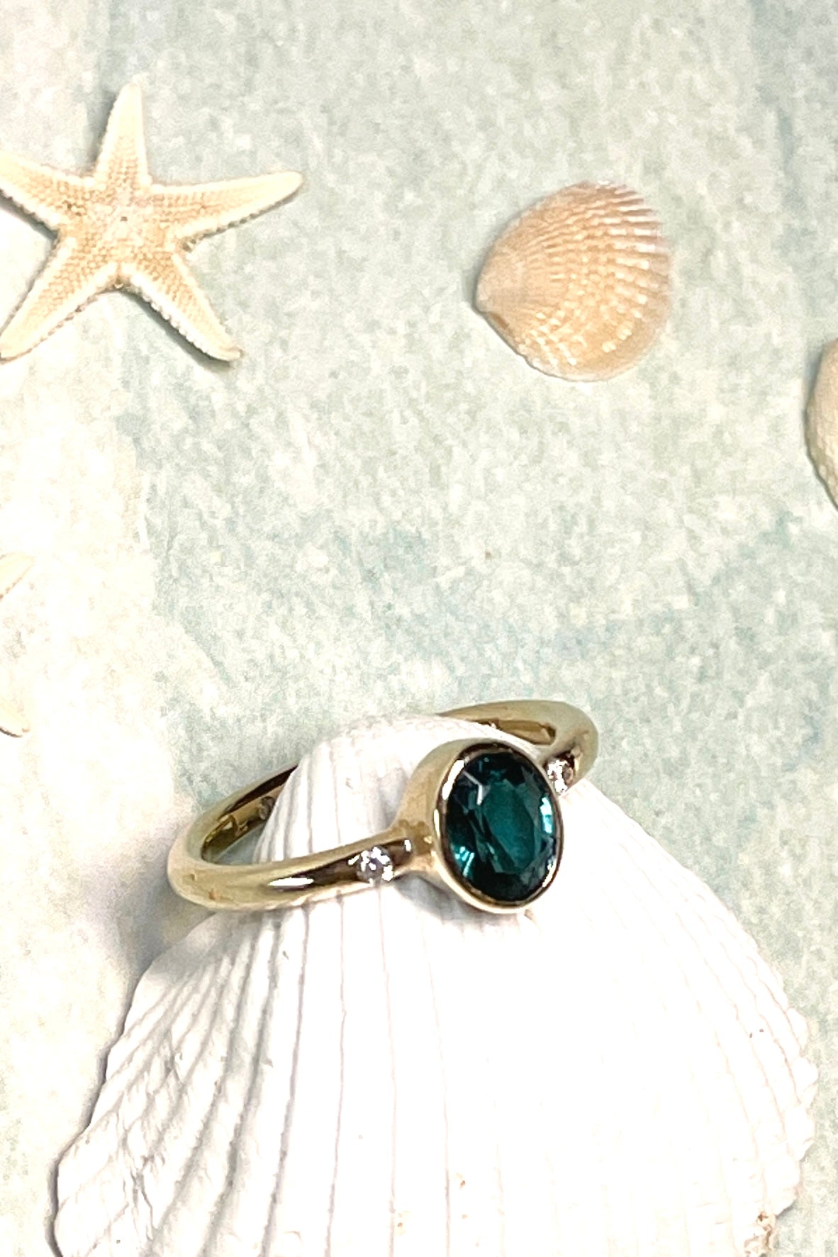 Ring Blue Tourmaline Oval with Diamonds 10k Gold