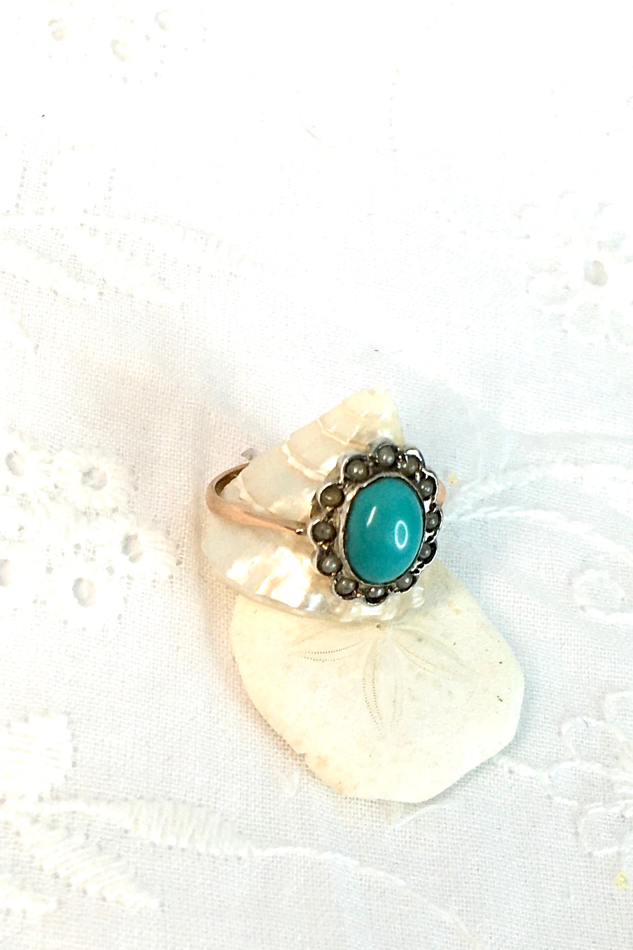 Vintage Ring with Turquoise and Old Pearl Halo