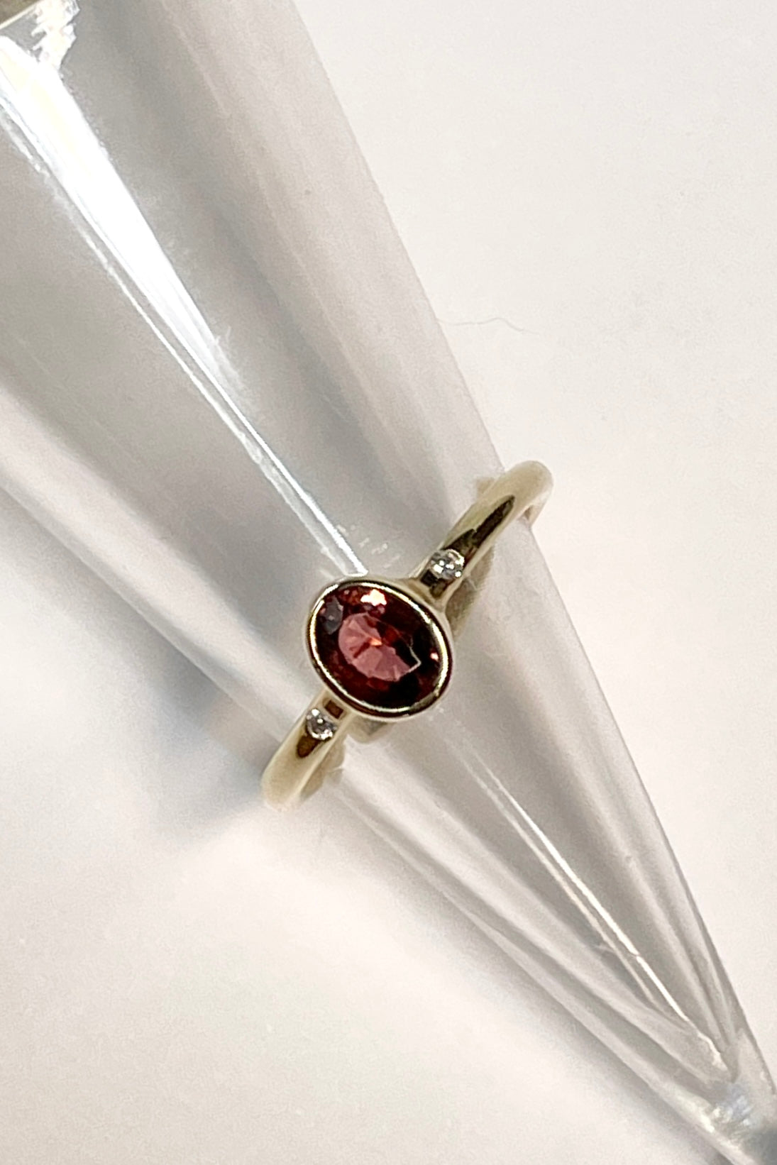 Ring Dark Peach Red Tourmaline Oval with Diamonds 10k Gold