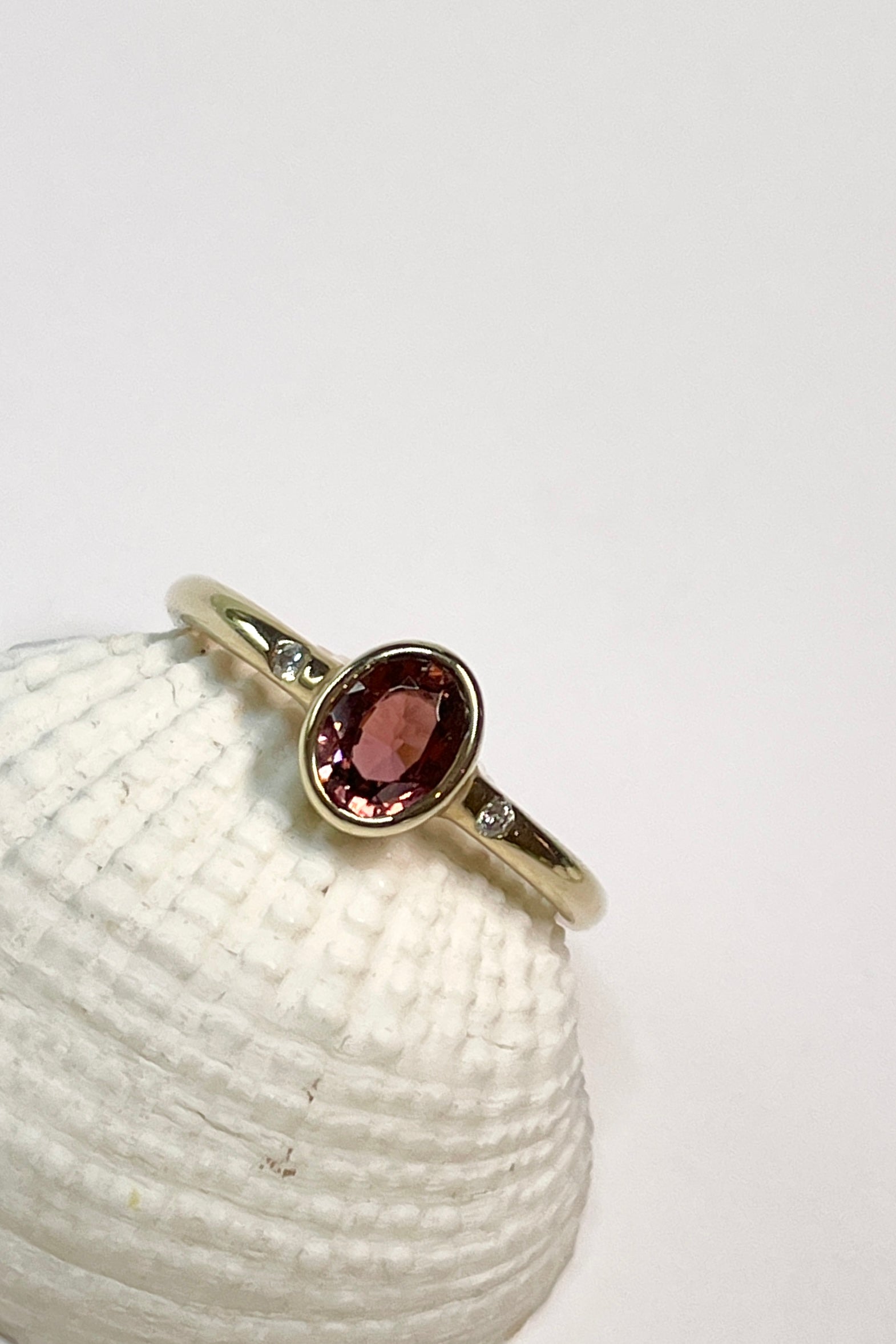 Ring Dark Peach Red Tourmaline Oval with Diamonds 10k Gold