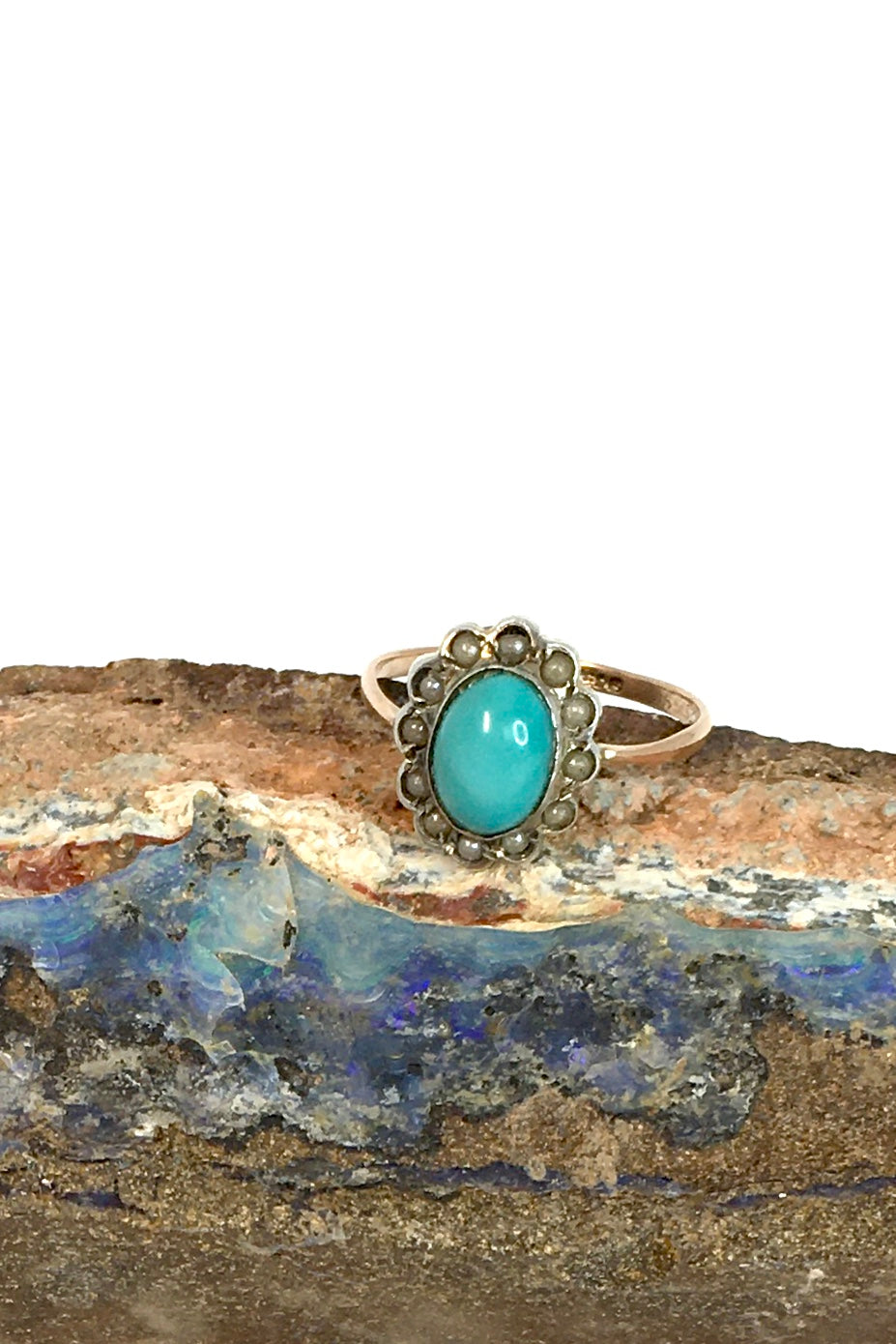 Vintage Ring with Turquoise and Old Pearl Halo