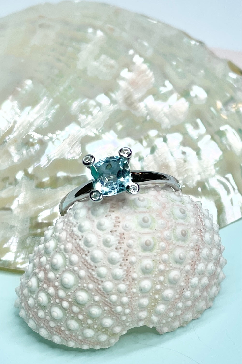 Square Cushion Cut Aquamarine and Diamond Silver Ring