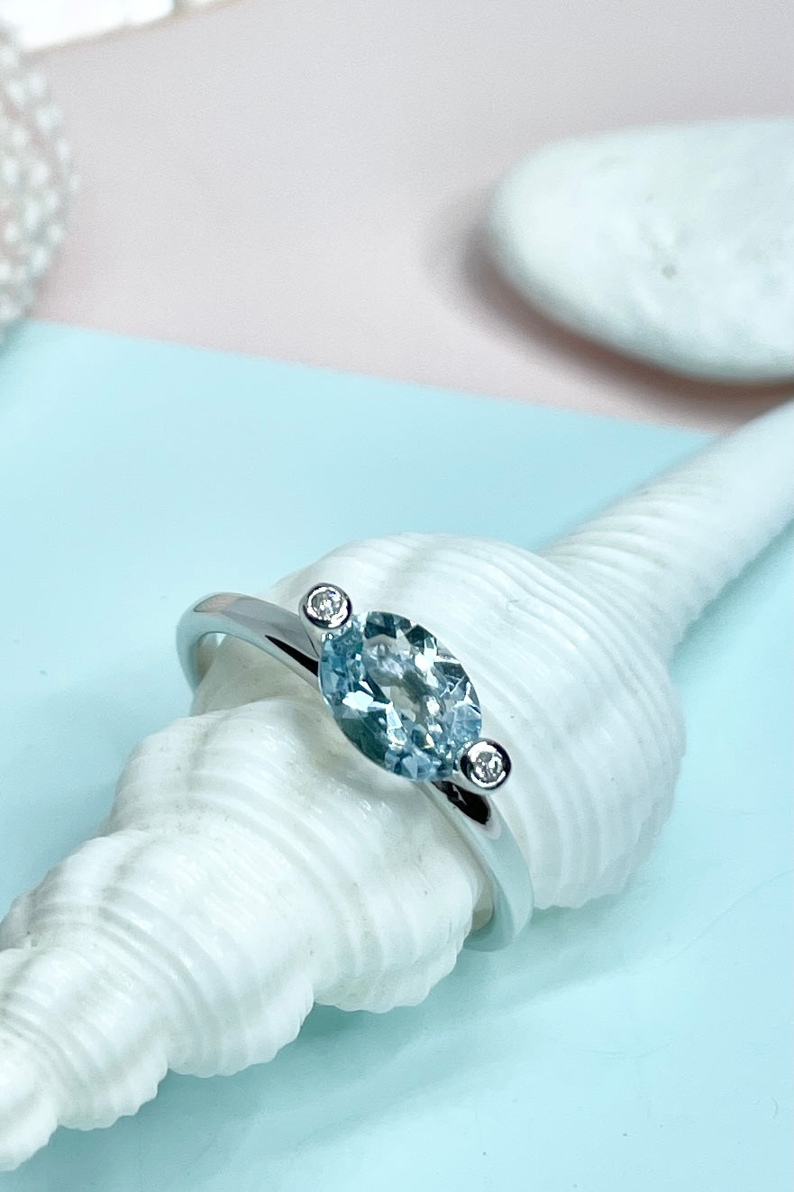 Ring Marquise Cut Aquamarine and Diamond Silver