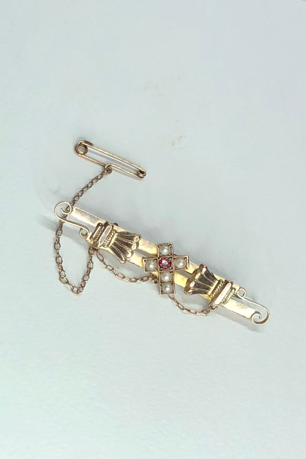 Antique Bar Brooch Cross and Ruby