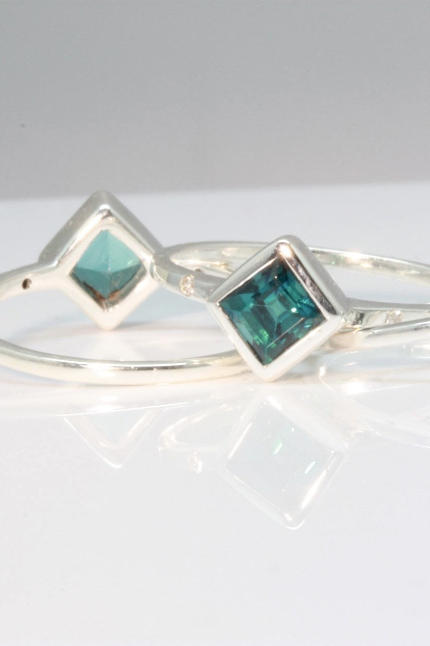 Ring Blue Tourmaline Square Cut 925 Silver