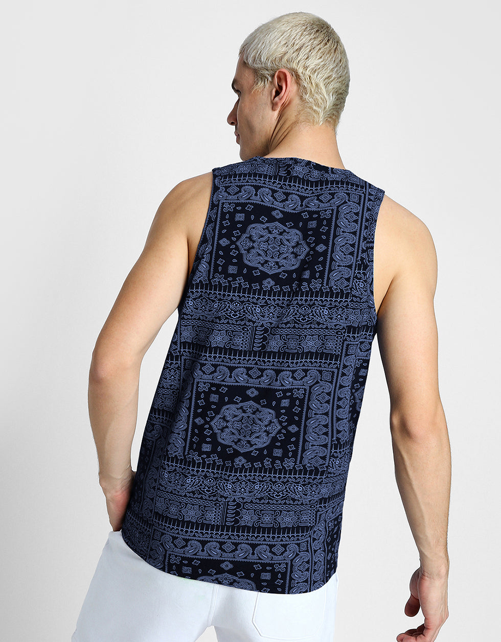 Navy Bandhana Printed Gym Vest