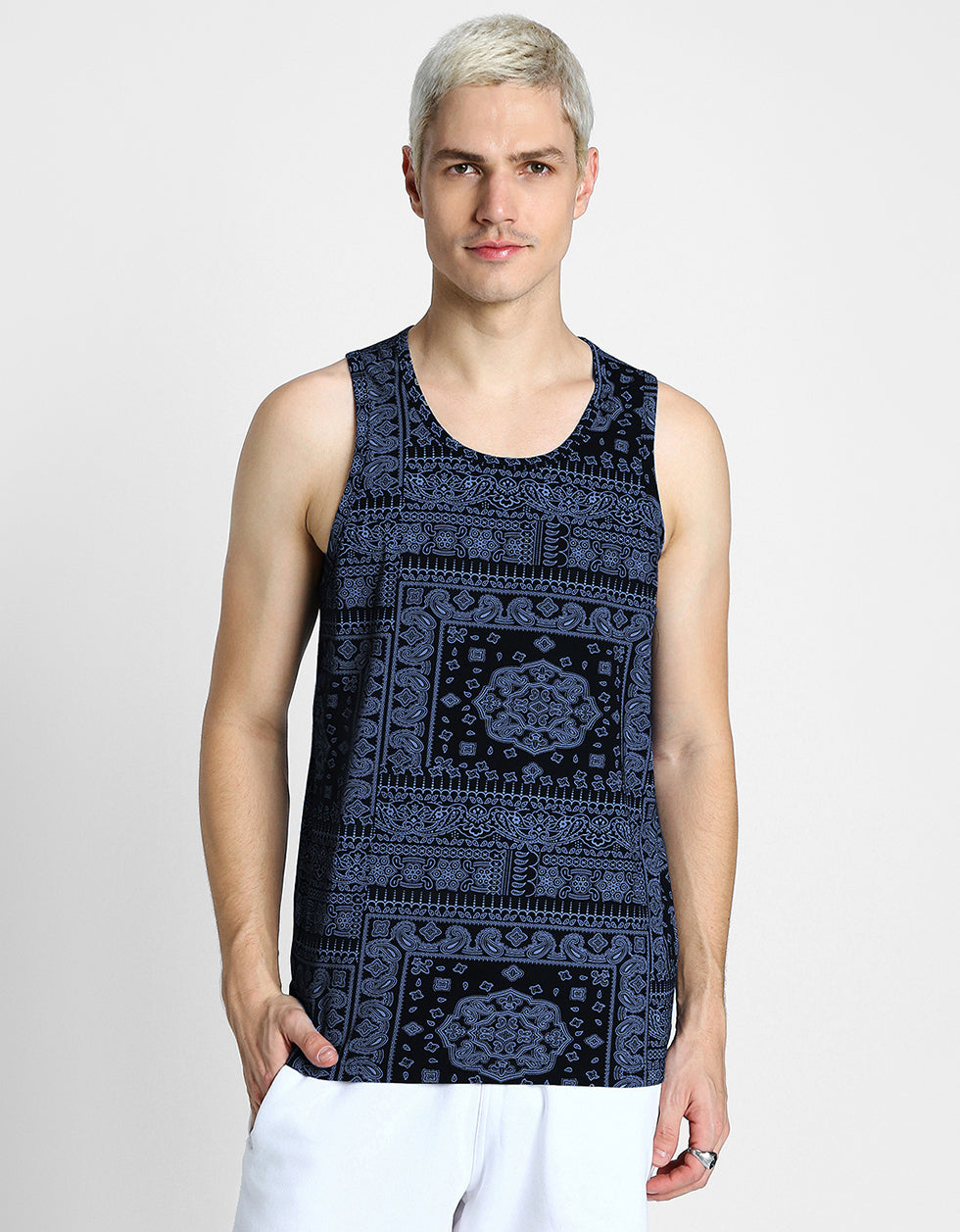 Navy Bandhana Printed Gym Vest