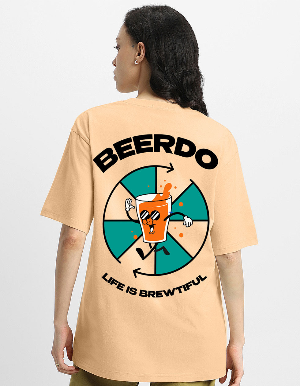 BEERDO Women Beige Oversized Back Typographic Printed Tshirt