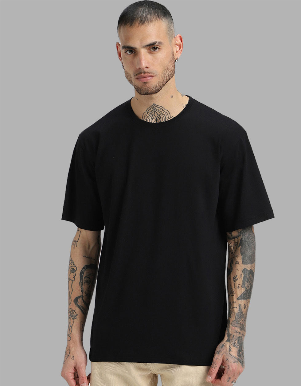 URBANSTART Black Oversized Back Graphic Printed Tshirt