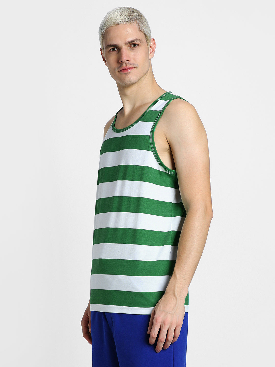 White & Green Stripes Printed Gym Vest