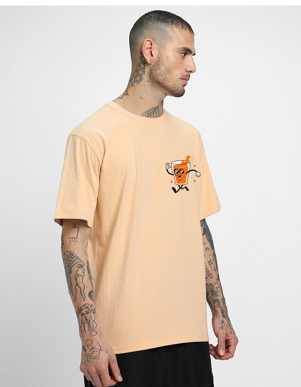 BEERDO  Beige Oversized Back Typographic Printed Tshirt