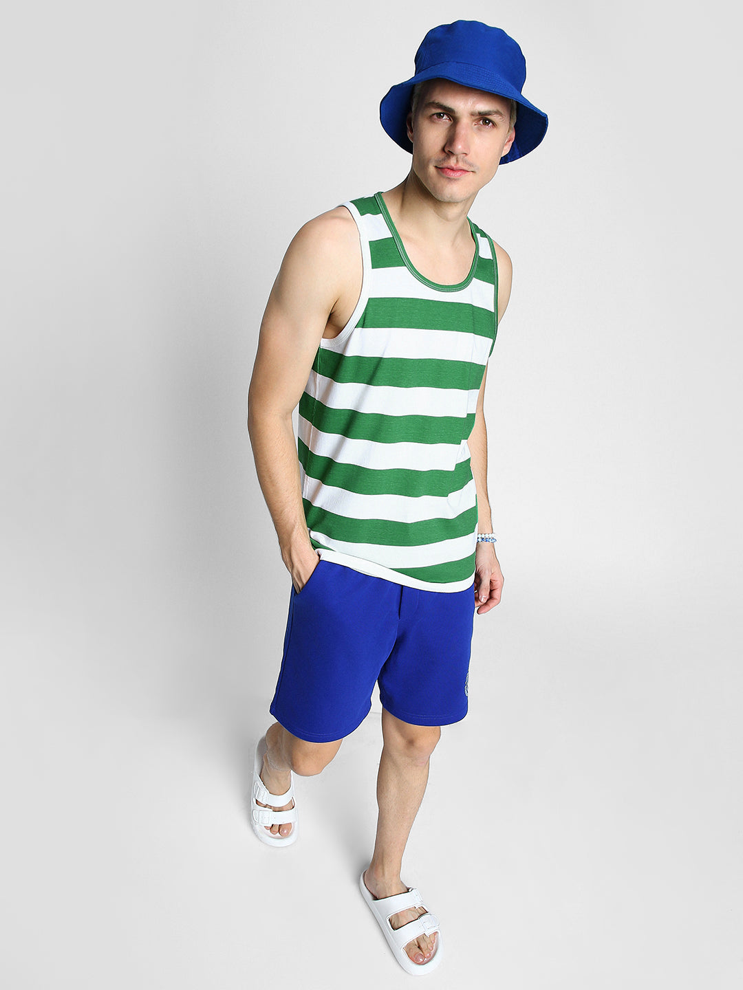 White & Green Stripes Printed Gym Vest